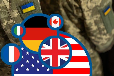 Die größten Geldgeber der Ukraine, dargestellt als grafische Kugeln mit Länderflaggen