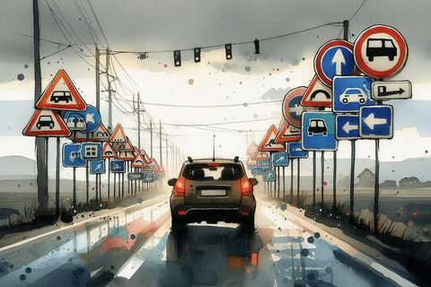 Europäische Verkehrsschilder: Ein Auto fährt auf einer Straße durch einen Schilderwald