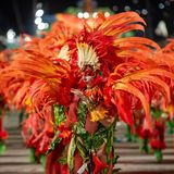 Karneval in Rio de Janeiro: Tänzerinnen in knall-orangenen Federkostümen
