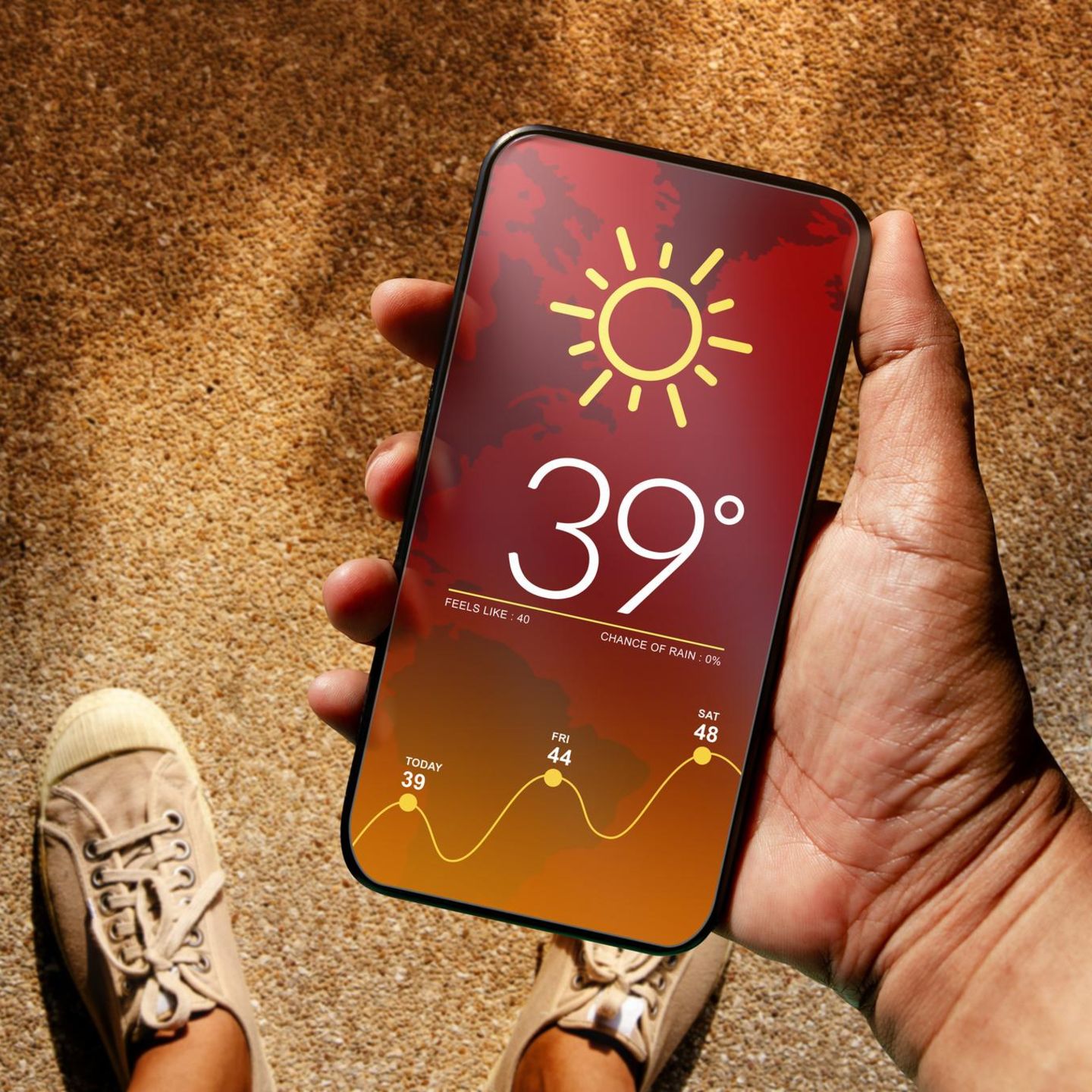 Hochtemperatur-Wetter-Show auf Mobile Screen am heißen sonnigen Tag