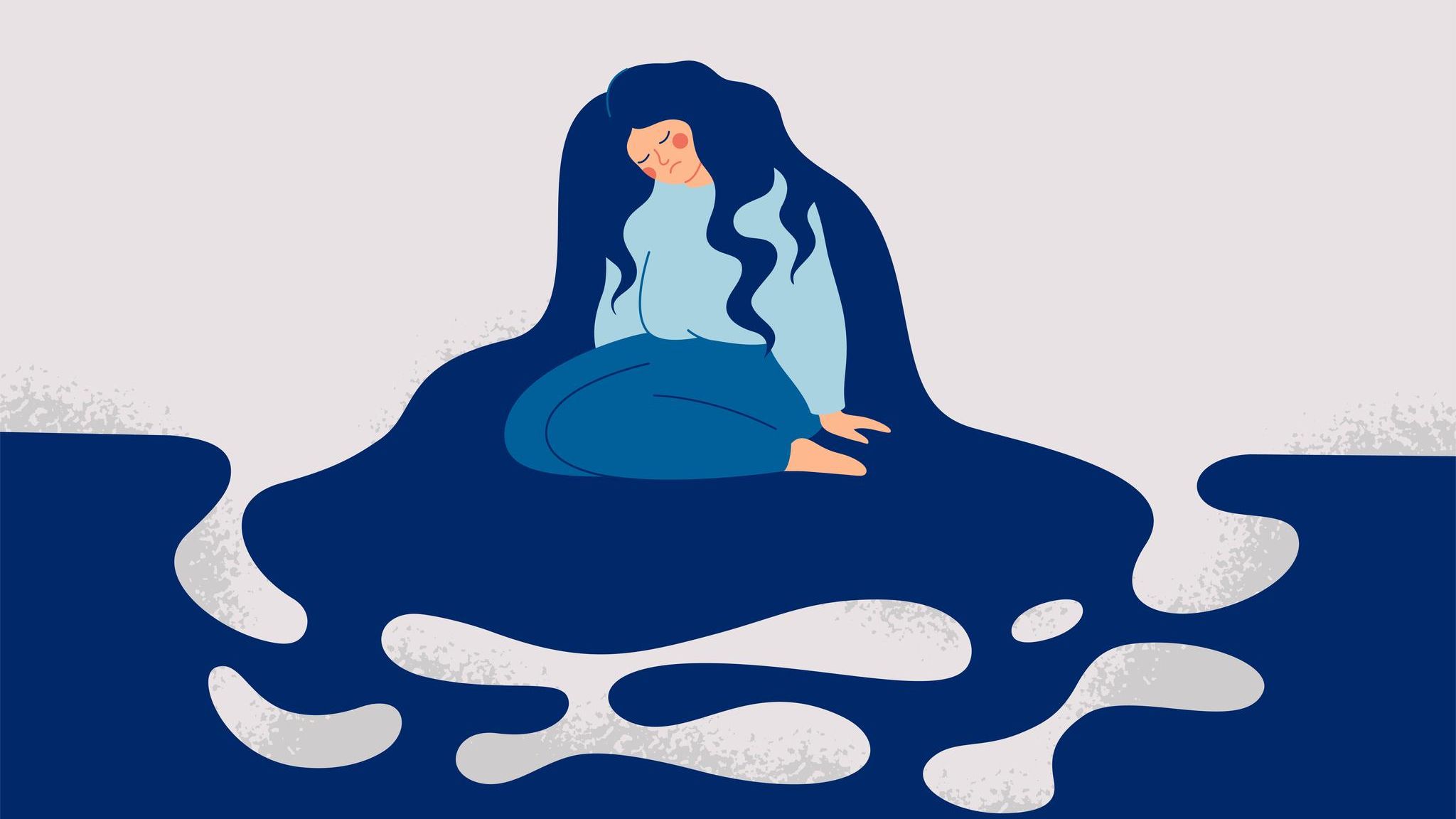 Auf einer Illustration ist eine niedergedrückte, jammernde Frauen zu sehen