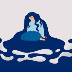 Auf einer Illustration ist eine niedergedrückte, jammernde Frauen zu sehen