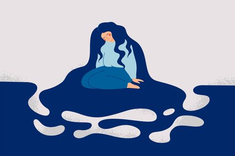 Auf einer Illustration ist eine niedergedrückte, jammernde Frauen zu sehen