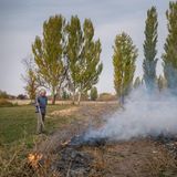 Ein Mann verbrennt auf seinem Feld die Überreste des Anbaus. Es ist Herbst, hinter dem Feld stehen Pappeln
