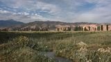 Eine Landschaftsaufnahme: vorne läuft ein Bach durch eine Wiese, im Hintergrund Berge, davor eine Pappelallee