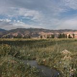 Eine Landschaftsaufnahme: vorne läuft ein Bach durch eine Wiese, im Hintergrund Berge, davor eine Pappelallee