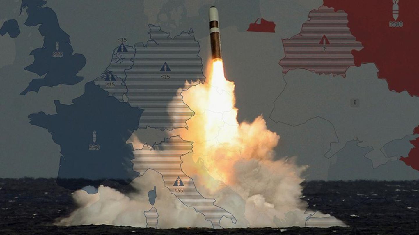 Atomwaffen in Europa auf einer Karte mit Symbolbild Rakete Atomwaffen in Europa auf einer Karte mit Symbolbild Rakete