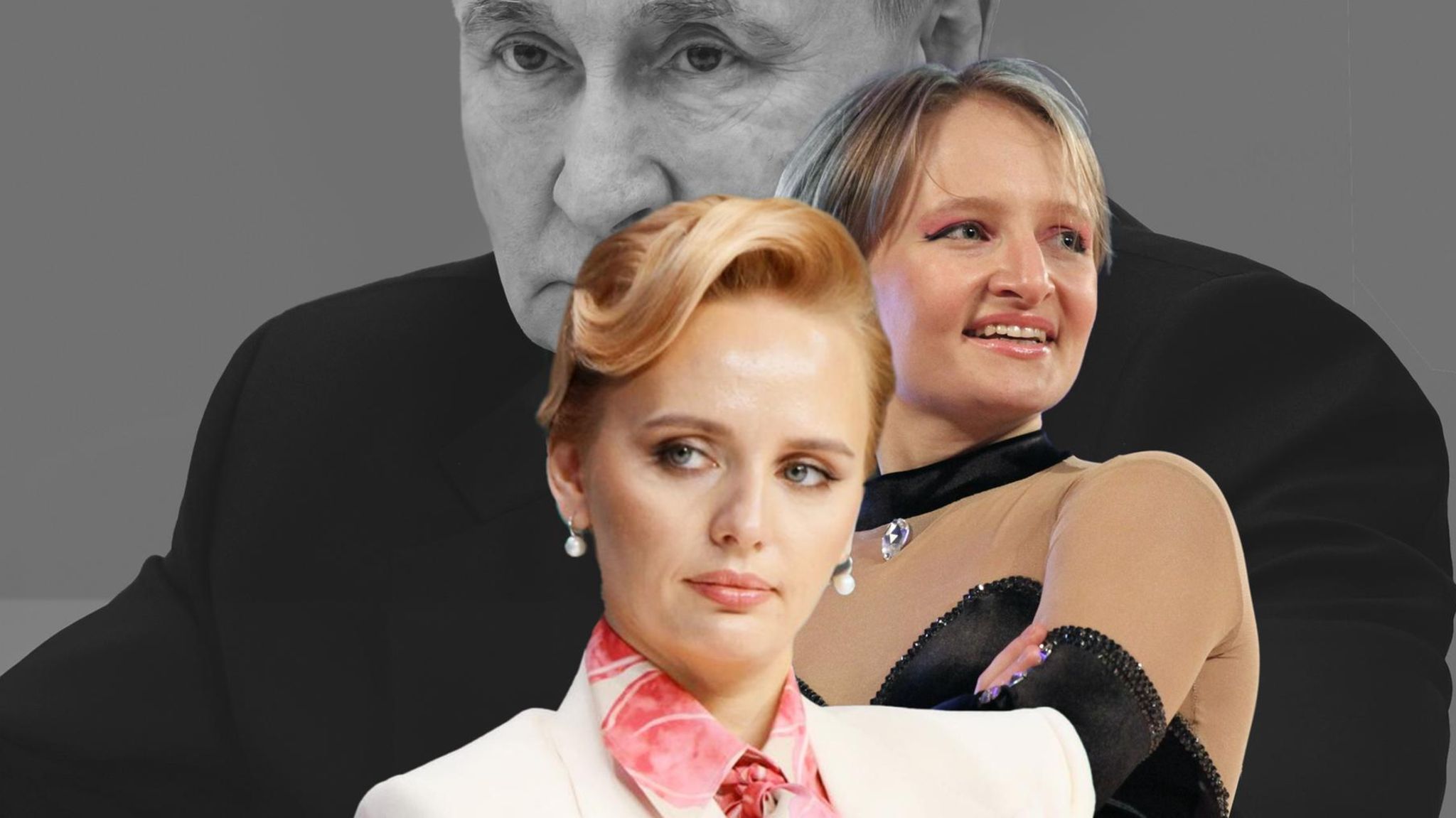 Wladimir Putin im Hintergrund, vorne sieht man seine beiden Töchter