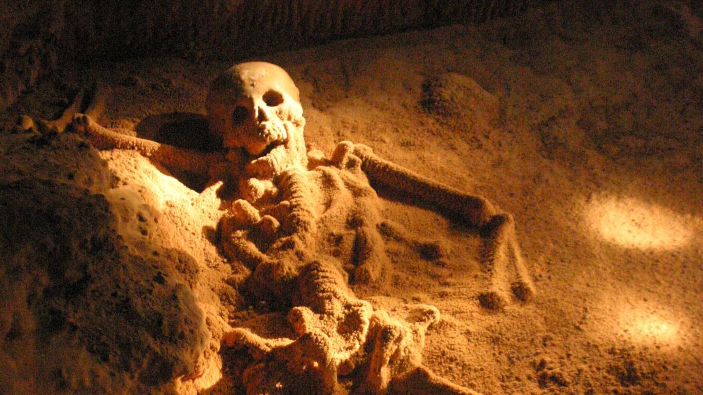 Ein versteinertes Skelett in der Actun Tunichil Muknal Ein versteinertes Skelett in der Actun Tunichil Muknal