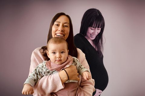Solomutter Nora während der Schwangerschaft und mit Kind