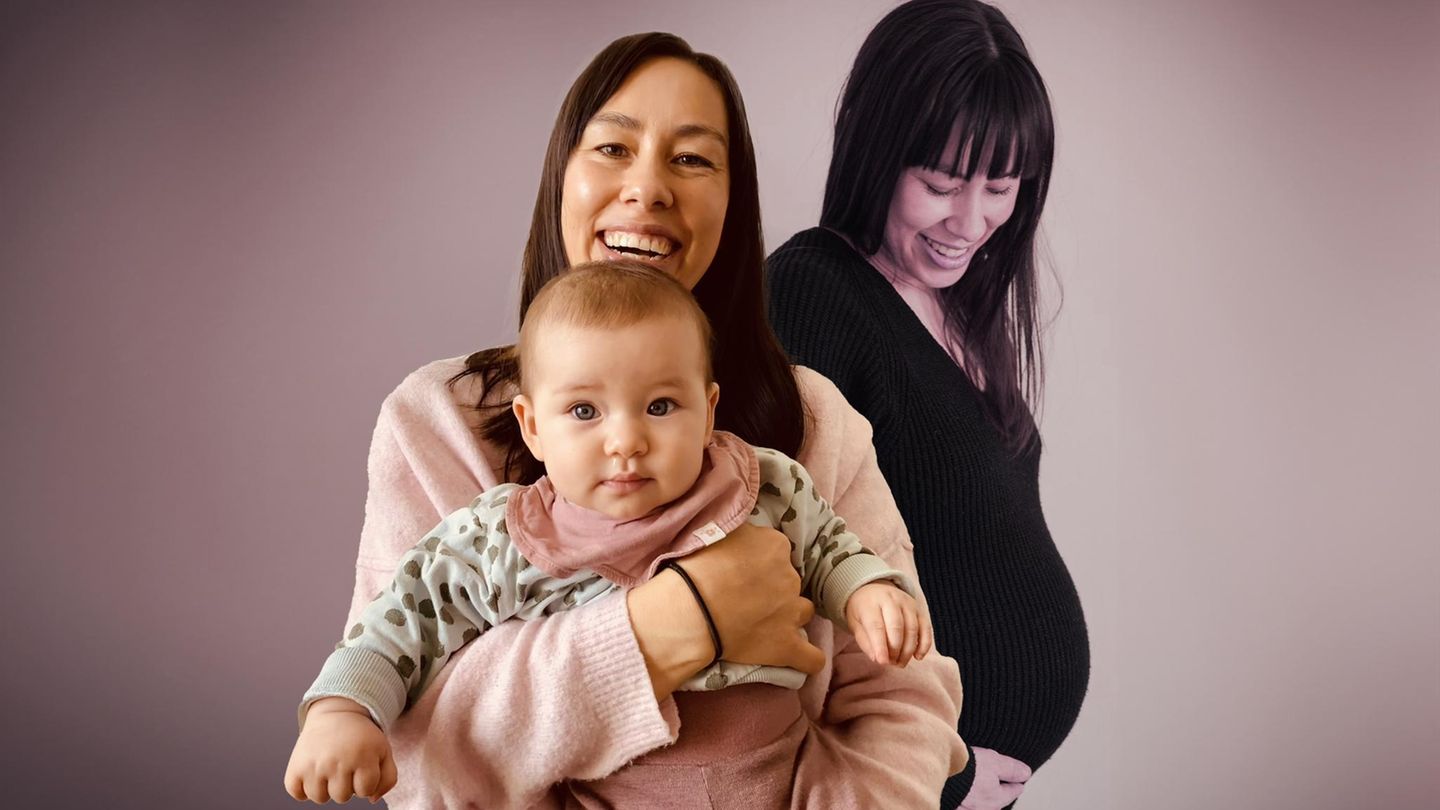 Solomutter Nora während der Schwangerschaft und mit Kind