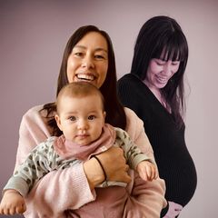 Solomutter Nora während der Schwangerschaft und mit Kind
