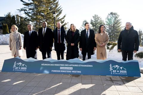 Diplomats at the G7 meeting in Charlevoix, Canada on March 13, 2024.
From L to R, EU foreign policy chief Kaja Kallas, Japanese