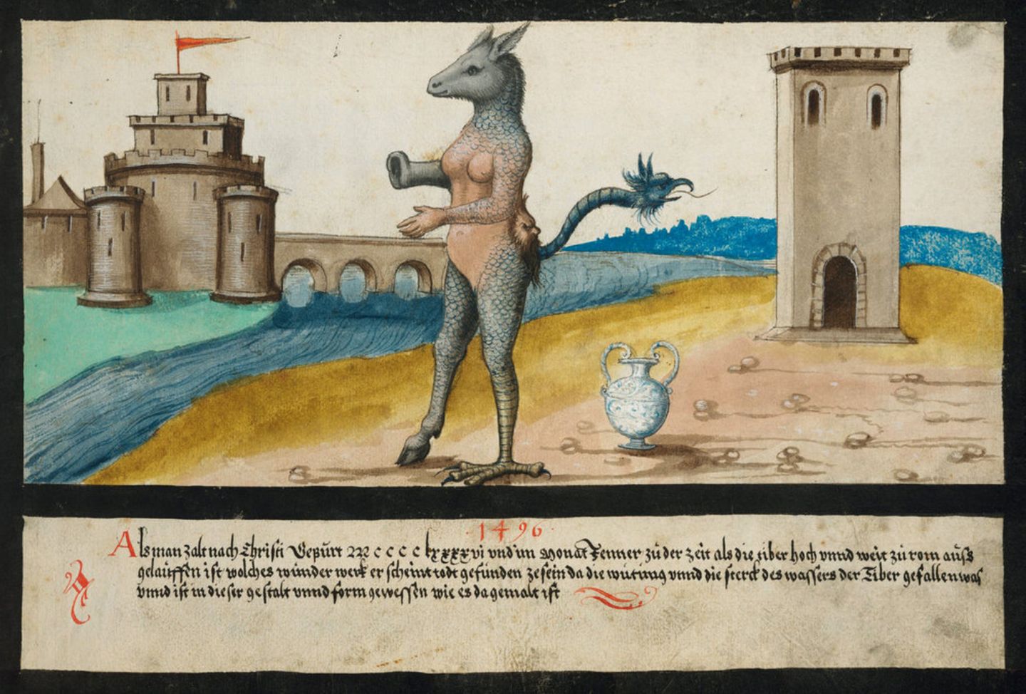 Das Monster aus dem Tiber Fabelgestalt mit Fischschuppen und Eselskopf