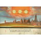 Drei Sonnen über Stadtsilhouette