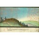 Tropfen in roter Farbe gehen auf Landschaft nieder