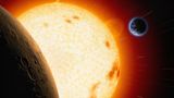 Eine Illustration, die die Erde im Größenverhätnis zur Sonne zeigt