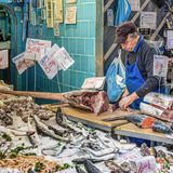 Fischhändler beim Zerlegen eines Schwertfisches auf dem historischen Pignasecca Fischmarkt in Neapel