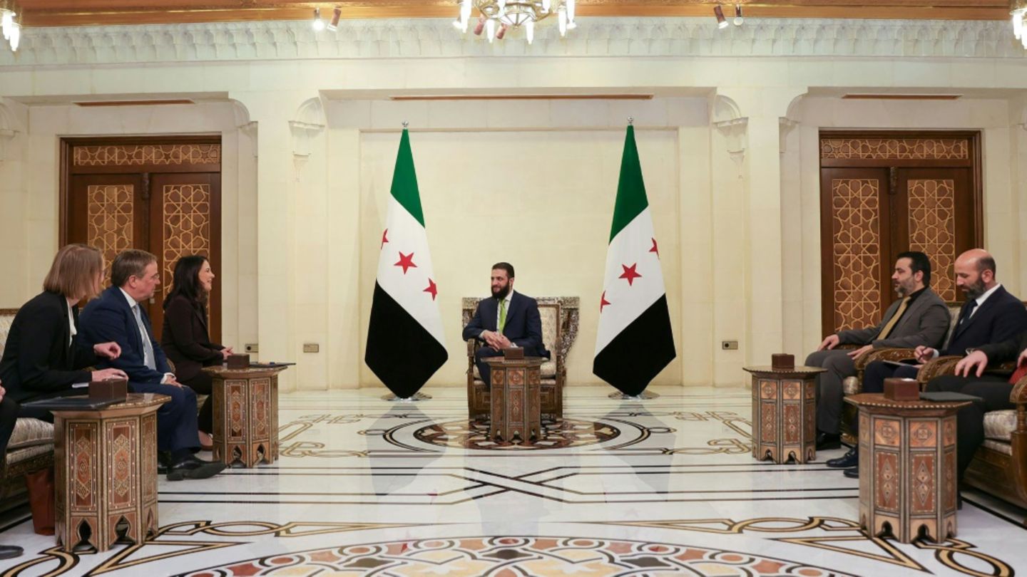 Baerbock (3.v.l), Syriens Präsident al-Scharaa (Mitte)