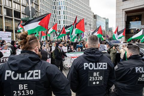 pro-palästinensische Demonstranten mit Palästina-Flaggen auf einer Demonstration, vor ihnen eine Reihe Polizisten