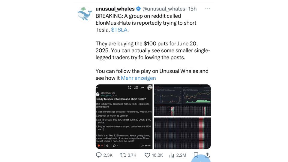 Elon Musk: Kleinanleger starten Short-Attacken gegen Tesla Elon Musk: Kleinanleger starten Short-Attacken gegen Tesla