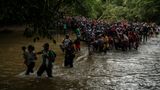 Sie waten durch den "Todesfluss": Tausende Geflüchtete müssen den Rio Muerto an der Darién-Lücke durchqueren. Viele von ihnen ertranken schon bei dem Versuch. Damit sie von den Strömungen nicht mitgerissen werden, halten die Familien sich aneinander fest