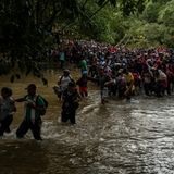 Sie waten durch den "Todesfluss": Tausende Geflüchtete müssen den Rio Muerto an der Darién-Lücke durchqueren. Viele von ihnen ertranken schon bei dem Versuch. Damit sie von den Strömungen nicht mitgerissen werden, halten die Familien sich aneinander fest