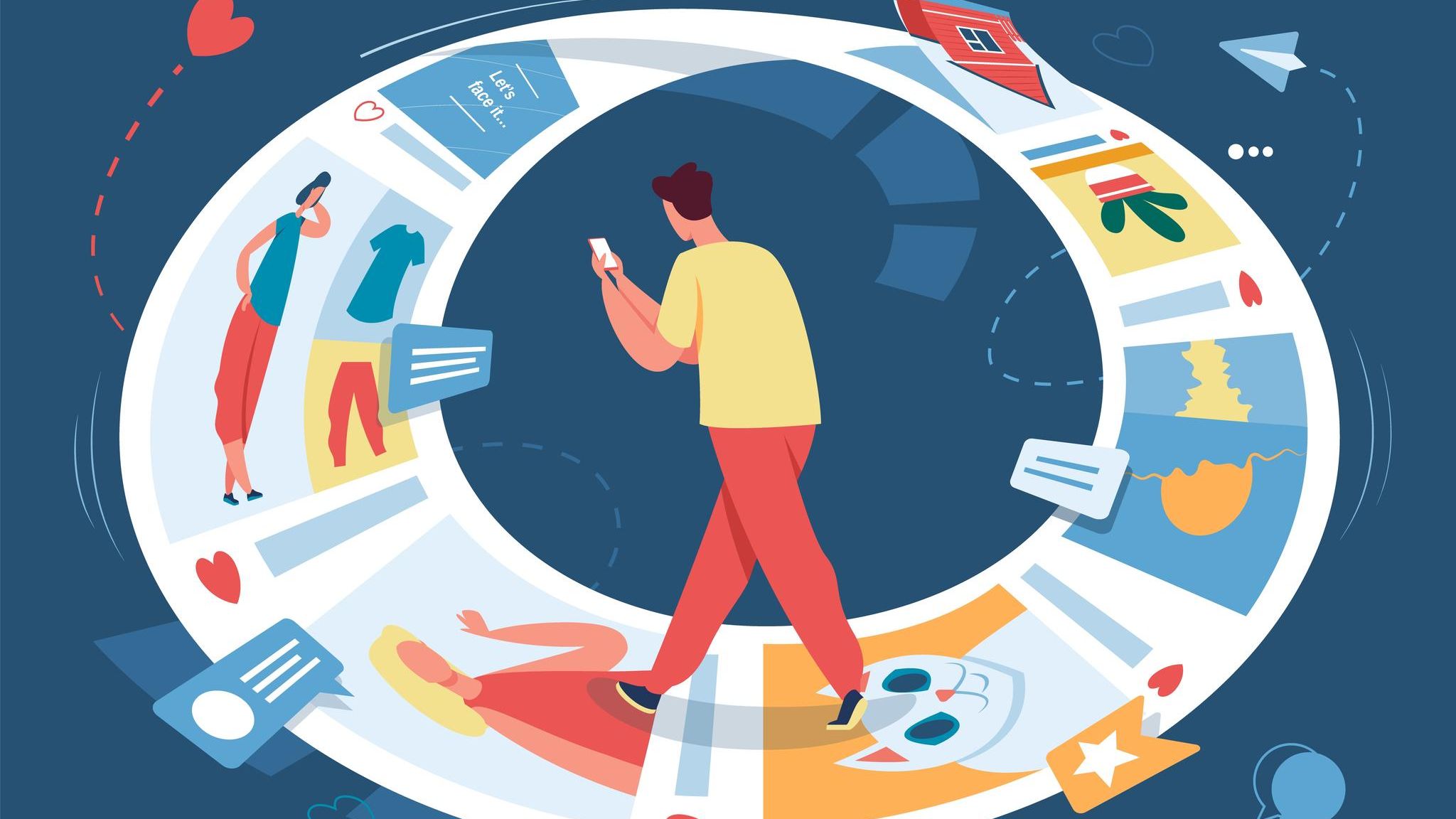 Illustration von einer Person mit Smartphone beziehungsweise Handy in einem Kreislauf