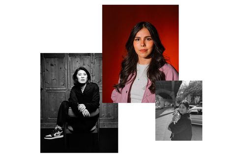 Montage aus zwei S&W Portraits und einem, mit rotem Hintergrund über Migration