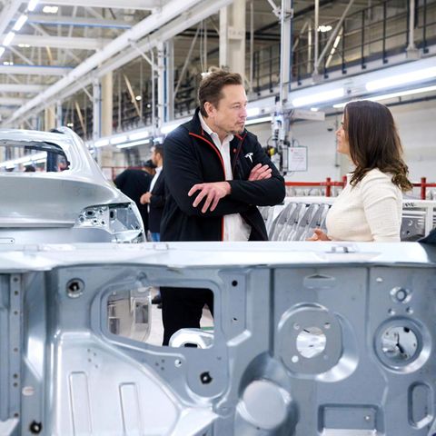 Tesla boss Elon Musk 2023 with the then President of Hungary Catalin Novak in the Gigafactory Texas