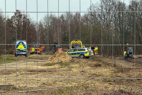Polizei- und Baustellenfahrzeuge auf einem Waldgrundstück bei Kamenz