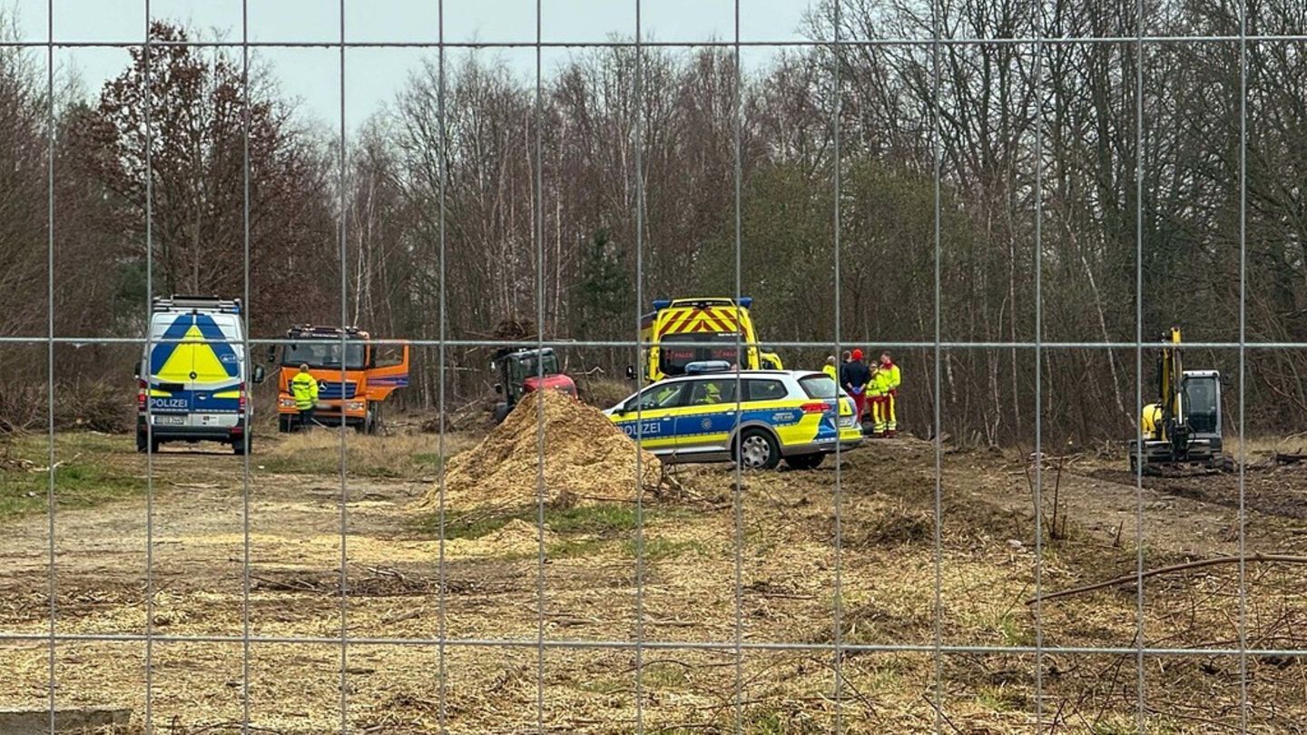 Polizei- und Baustellenfahrzeuge auf einem Waldgrundstück bei Kamenz