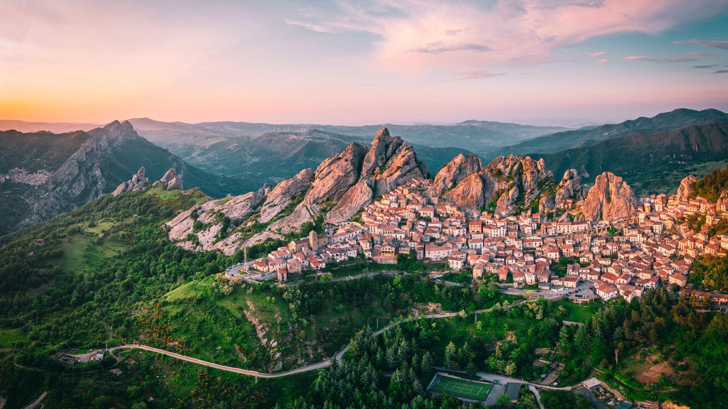 Aerial view of Pietrapertosa rural village in Apennines Dolomiti Lucane. Basilicata, Italy, at sunset