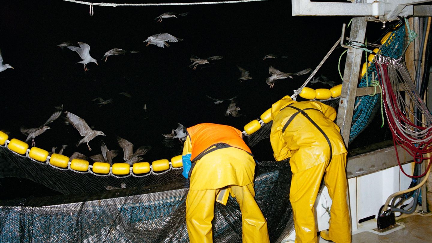 Zwei Fischer beim Einholen der Netze vor der Küste von Newlyn