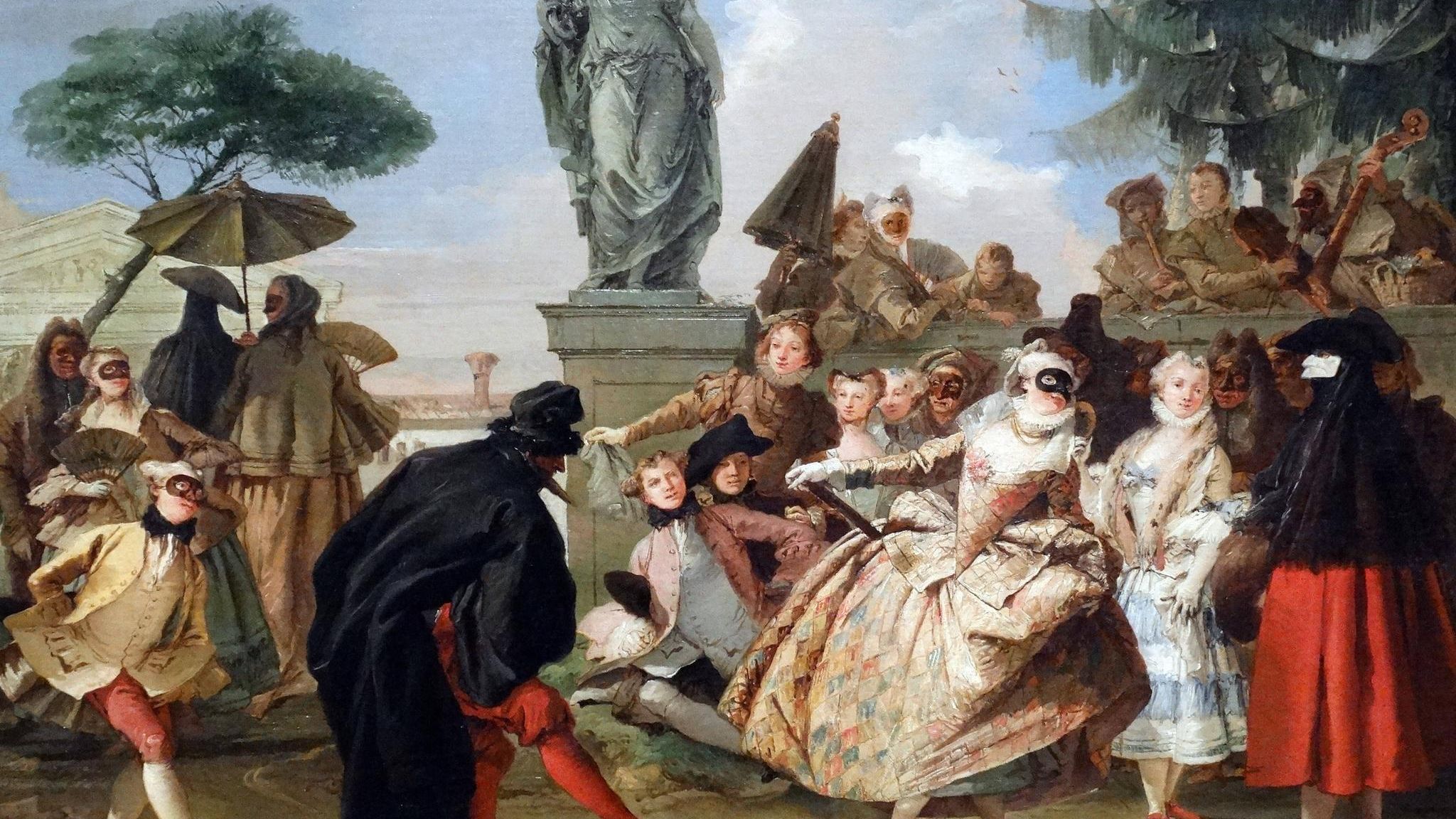 Ölgemälde tanzender Männer und Frauen, teils mit schwarzen Masken vor den Augen