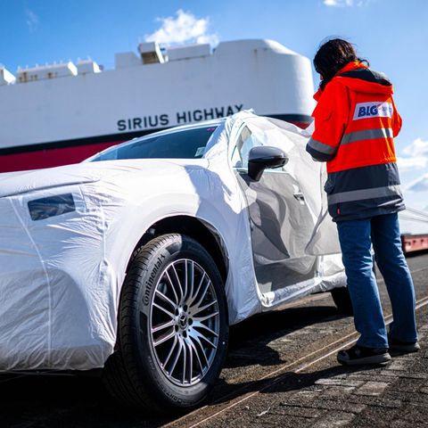 Cars are loaded on ships in the port at the BLG Auterminal Bremerhaven