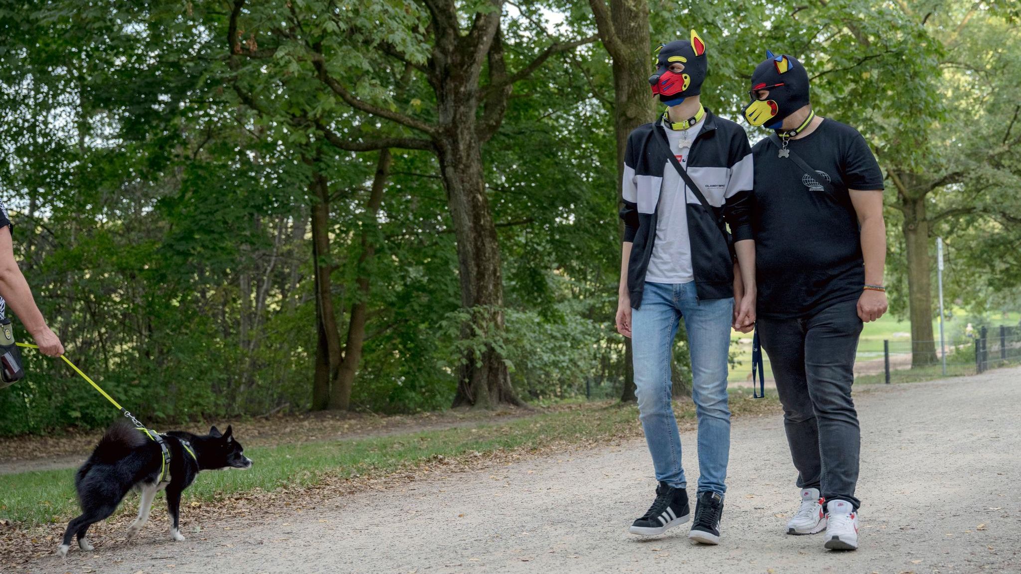 Kalei und Toffi spazieren als Hunde durch den Park