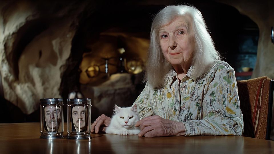 Szene aus "Gesamtklärwerk Deutschland": Jonathan Meeses Mutter Brigitte als KI-generierter James-Bond-Bösewicht. Ihr Sohn Jonathan und DJ Hell befinden sich in den Gläsern neben ihr