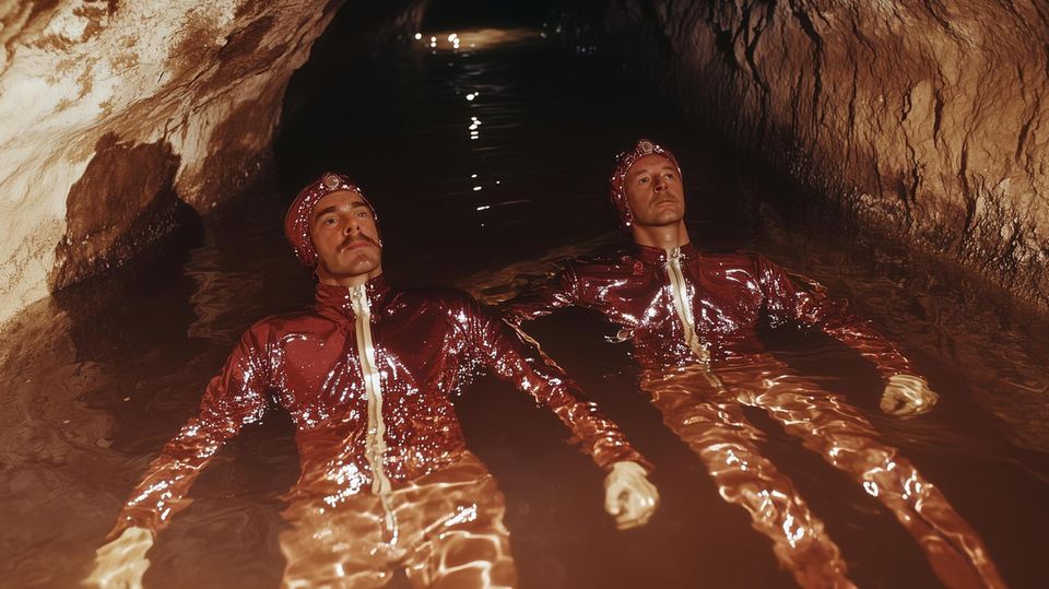 Szene aus "Gesamtklärwerk Deutschland": Die KI-Avatare von Jonathan Meese (links) und DJ Hell (rechts) treiben durch eklig braunes Wasser. Dieses Land braucht tatsächlich eine gute Kläranlage