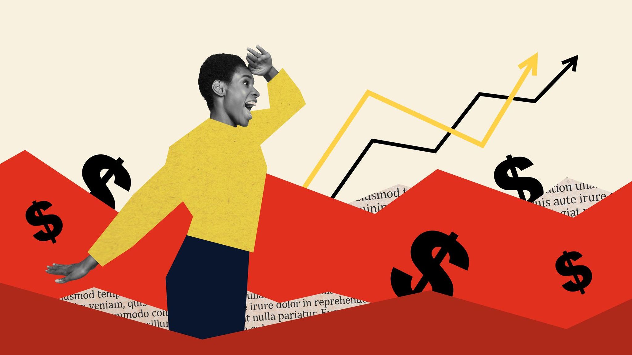 Illustration von Frau, die auf Börsenwerte schaut