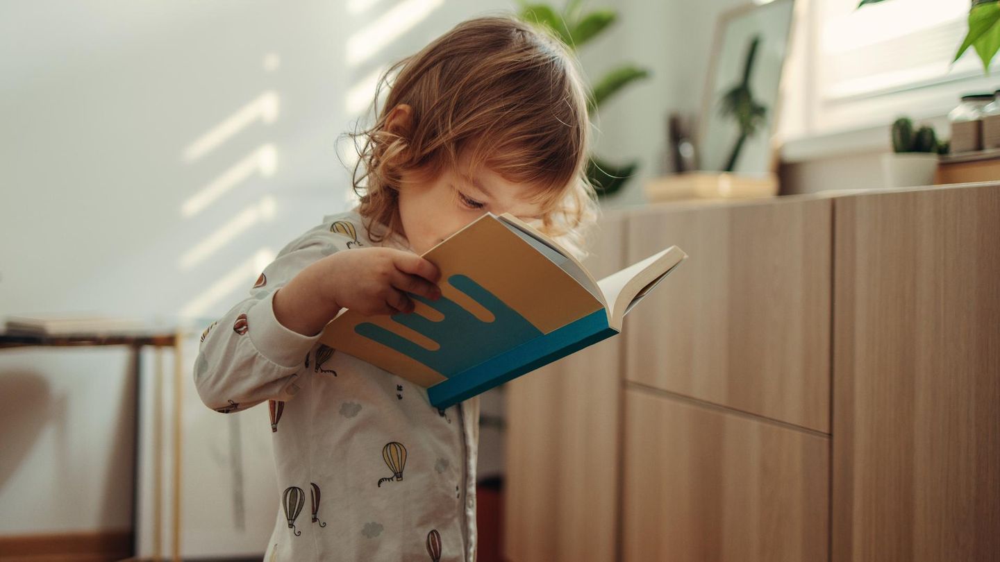 Intelligenz: Ein Kleinkind hält ein offenes Buch in der Hand und schaut hinein Intelligenz: Ein Kleinkind hält ein offenes Buch in der Hand und schaut hinein