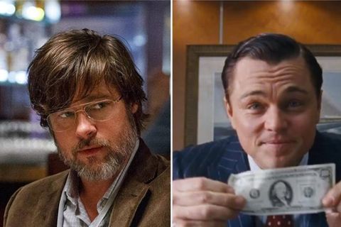 Geld regiert die Welt: Brad Pitt (l.) mit ungewöhnlicher Optik in "The Big Short" und Leonardo DiCarpio in "The Wolf of Wall S