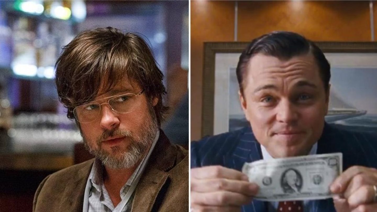 Geld regiert die Welt: Brad Pitt (l.) mit ungewöhnlicher Optik in "The Big Short" und Leonardo DiCarpio in "The Wolf of Wall S