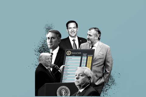 Trump mit Tafel zu Zöllen und um ihn herum die Republikaner Marco Rubio, Ted Cruz, Lindsey Graham und James Lankford.