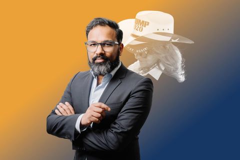 Stephan Anpalagan steht vor gelbem Hintergrung: Kolumne zu Weißen Amerikanerinnen und der Diversity-Lüge