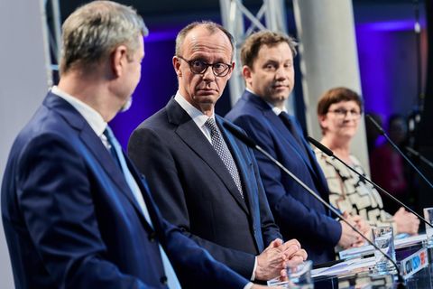 Pressekonferenz zum Koalitionsvertrag mit Markus Söder, Friedrich Merz, Lars Klingbeil und Saskia Esken