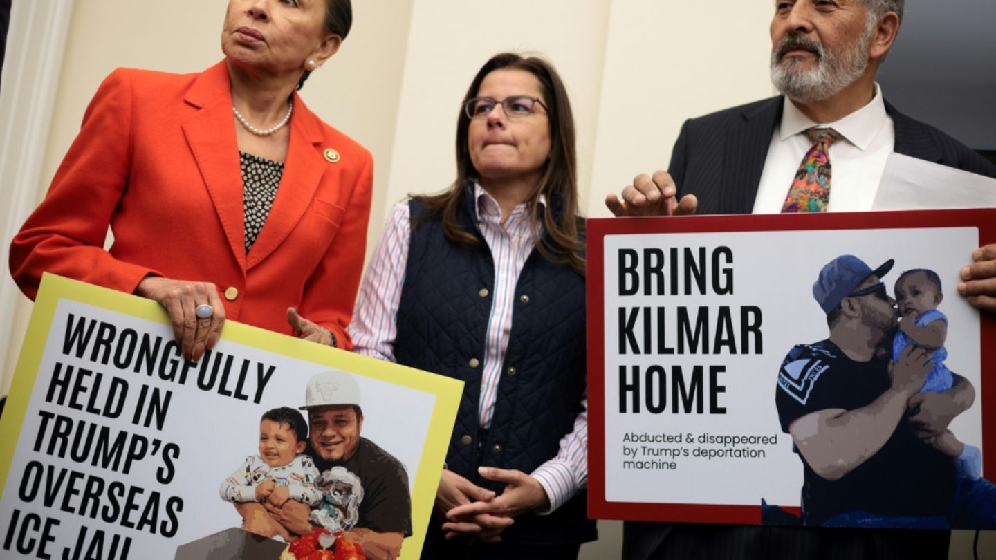 Parlamentarier mit Plakaten von Kilmar Ábrego García