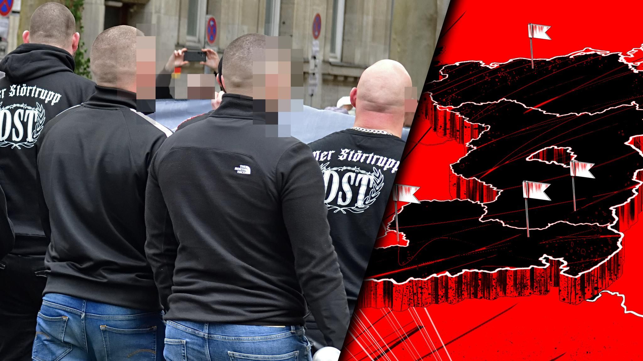 Teilnehmer einer rechten Demonstration sind von hinten zu sehen