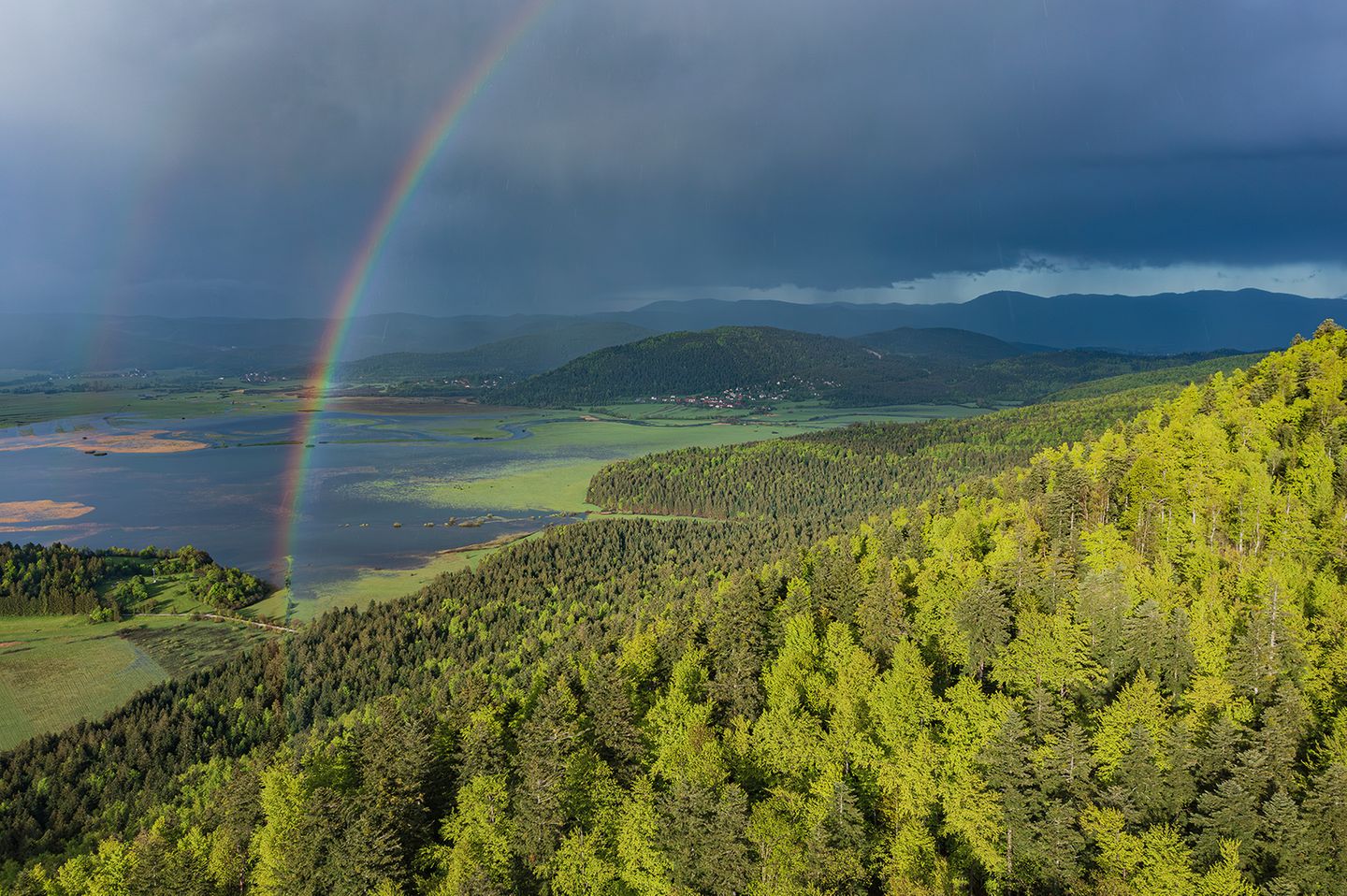 Der Cerknica-See: Ein Verwandlungskünstler Im Hintergrund ein See, vorne Wald und ein Regenbogen