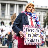"Faschismus ist nicht schön", steht auf dem Schild dieser als Donald Trump verkleideten Demonstrantin in Harrisburg.